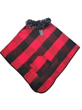 BELLE DAME Buffalo plaid Poncho cape FAUX fur collar trim large red black check